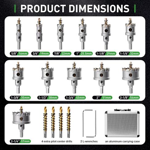 WORKEASE 18 PCS Metal Hole Saw Kit, 5/8" to 2-1/8" TCT Carbide Hole Cutter Set for Stainless Steel, Iron, Aluminum, Brass - Heavy Duty Cutting Drill Bits with 4 Pilot Drills & Storage Case in Saudi Arabia