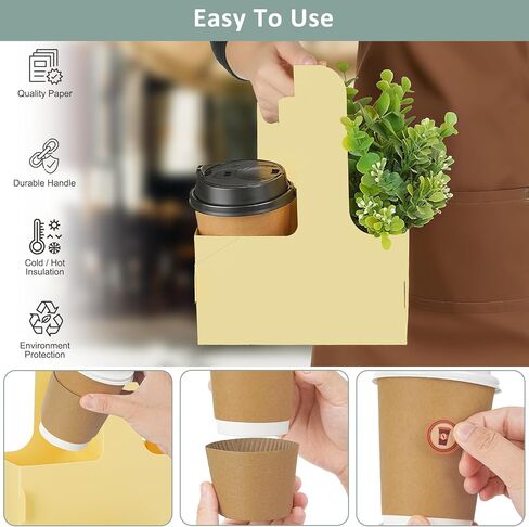 2 Cup Drink Carrier with Handle, 16 Pack Assemblable Coffee Cup Holders for Hot or Cold Drinks, Disposable Drink Carrier with Cup Sleeves & Sticker Roll Drink Carriers for Food Delivery or Take Out in Kuwait