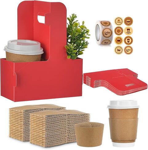 2 Cup Drink Carrier with Handle, 16 Pack Assemblable Coffee Cup Holders for Hot or Cold Drinks, Disposable Drink Carrier with Cup Sleeves & Sticker Roll Drink Carriers for Food Delivery or Take Out in Kuwait