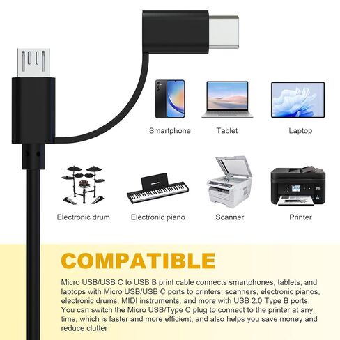 Micro USB/USB C to USB B Printer Cable Compatible with MacBook Pro, Air, HP, Canon, Brother, Dell, Epson, Lexmark, MIDI Cable for Yamaha Casio Digital Piano, DAC, DJ Controller, MIDI Keyboard, 3.3ft in Saudi Arabia