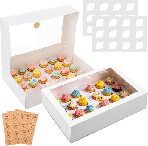 Fuutreo 10 Pack Mini White Cupcake Boxes with Window 16 x 11 x 4 Inches 24 Count Auto Pop up Large Cookie Boxes Cupcake Containers with Thank You Label Stickers for Muffins Pastries Donuts Cookies in Saudi Arabia
