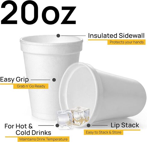 Shop Square 20 Oz Disposable Foam Cups (50 Pack), White Foam Insulates Hot & Cold Beverages, Made in the USA, To-Go Cups - for Coffee, Tea, Hot Cocoa, Soup, Broth, Smoothie, Soda, Juice in Kuwait