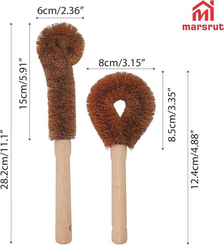 2pcs Coconut Fiber Bottle Brush, Bottle Cleaner Dish Scrubber, Eco Friendly Natural Wooden Cleaning Scrub Bristle Head for Deep Pan Kitchen Dishes Vegetable Washing, Sturdy Handle Holder, Dark Brown in Saudi Arabia