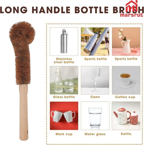 2pcs Coconut Fiber Bottle Brush, Bottle Cleaner Dish Scrubber, Eco Friendly Natural Wooden Cleaning Scrub Bristle Head for Deep Pan Kitchen Dishes Vegetable Washing, Sturdy Handle Holder, Dark Brown in Saudi Arabia