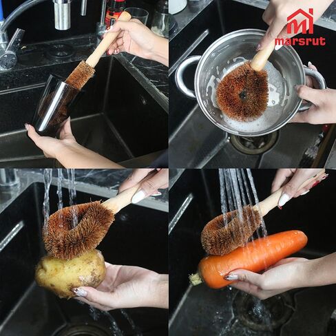 2pcs Coconut Fiber Bottle Brush, Bottle Cleaner Dish Scrubber, Eco Friendly Natural Wooden Cleaning Scrub Bristle Head for Deep Pan Kitchen Dishes Vegetable Washing, Sturdy Handle Holder, Dark Brown in Saudi Arabia
