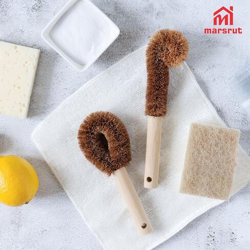 2pcs Coconut Fiber Bottle Brush, Bottle Cleaner Dish Scrubber, Eco Friendly Natural Wooden Cleaning Scrub Bristle Head for Deep Pan Kitchen Dishes Vegetable Washing, Sturdy Handle Holder, Dark Brown in Saudi Arabia