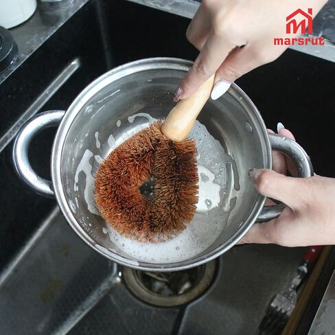 2pcs Coconut Fiber Bottle Brush, Bottle Cleaner Dish Scrubber, Eco Friendly Natural Wooden Cleaning Scrub Bristle Head for Deep Pan Kitchen Dishes Vegetable Washing, Sturdy Handle Holder, Dark Brown in Saudi Arabia