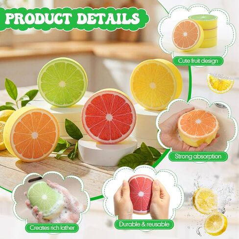 12 Pcs Lemon Printed Sponges Bulk Fruit Slices Dish Cleaning Sponges Household Non Scratch Reusable Absorbing Cleaning Scrub Tools for Washing Dishes, Cookware, Tubs, Sinks in Saudi Arabia