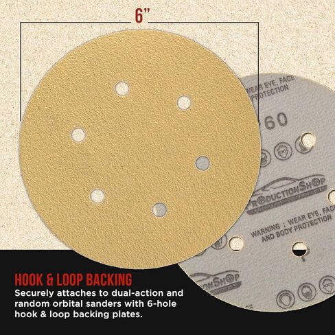 ProductionShop Premium 60 Grit 6" Gold Sanding Discs, 6-Hole Pattern, Box of 80 - Dustless Hook & Loop Backing Sandpaper for DA & Random Orbital Sanders, Sand Auto Paint, Wood Woodworking Furniture in Saudi Arabia