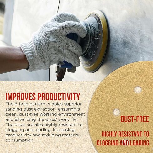 ProductionShop Premium 60 Grit 6" Gold Sanding Discs, 6-Hole Pattern, Box of 80 - Dustless Hook & Loop Backing Sandpaper for DA & Random Orbital Sanders, Sand Auto Paint, Wood Woodworking Furniture in Saudi Arabia