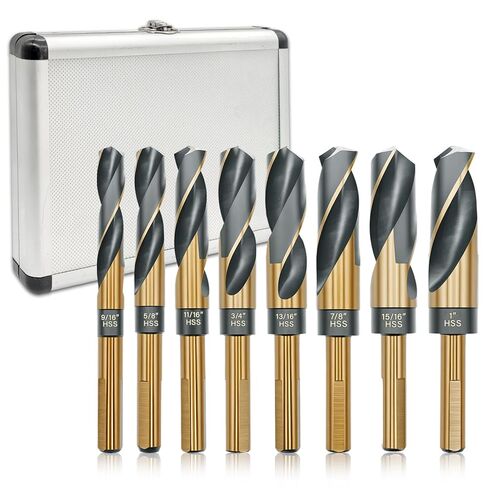 Pro Edge 8pcs Reduced Shank Drill Bit Set, M2 HSS Metal Drill Bits for Wood Plastic, 135° Split Point, 1/2" Reduced Shank, Sizes from 9/16" to 1" Silver and Deming with Aluminum Carry Case in Saudi Arabia