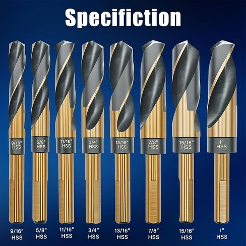 Pro Edge 8pcs Reduced Shank Drill Bit Set, M2 HSS Metal Drill Bits for Wood Plastic, 135° Split Point, 1/2" Reduced Shank, Sizes from 9/16" to 1" Silver and Deming with Aluminum Carry Case in Saudi Arabia