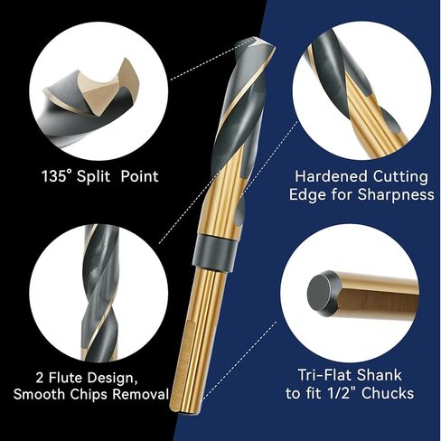 Pro Edge 8pcs Reduced Shank Drill Bit Set, M2 HSS Metal Drill Bits for Wood Plastic, 135° Split Point, 1/2" Reduced Shank, Sizes from 9/16" to 1" Silver and Deming with Aluminum Carry Case in Saudi Arabia