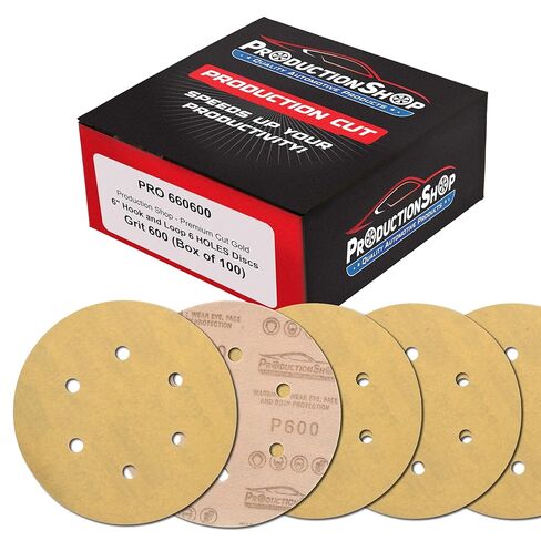 ProductionShop Premium 600 Grit 6" Gold Sanding Discs, 6-Hole Pattern, Box of 100 - Dustless Hook & Loop Backing Sandpaper for DA & Random Orbital Sanders, Sand Auto Paint, Wood Woodworking Furniture in Saudi Arabia