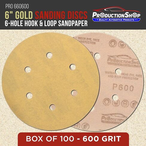 ProductionShop Premium 600 Grit 6" Gold Sanding Discs, 6-Hole Pattern, Box of 100 - Dustless Hook & Loop Backing Sandpaper for DA & Random Orbital Sanders, Sand Auto Paint, Wood Woodworking Furniture in Saudi Arabia