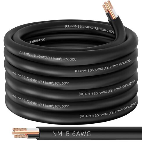 NM-B 6/3 Wire with Ground,35ft 6 AWG Copper Wire,6 Gauge 3 Conductor Nonmetallic Sheathed 6/3 NM-B Cable with Ground,Residential Indoor Electrical Wiring for Branch Circuit Switches,Outlets,Other Load in Saudi Arabia