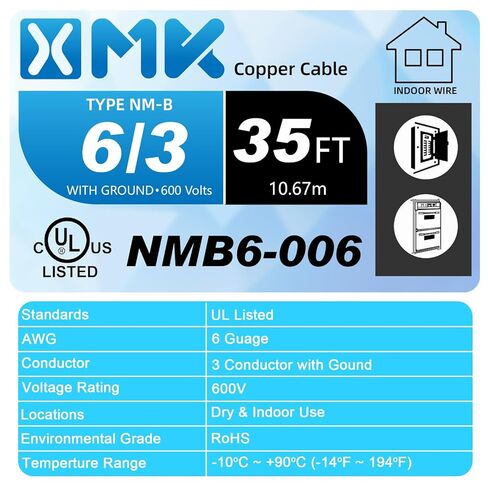 NM-B 6/3 Wire with Ground,35ft 6 AWG Copper Wire,6 Gauge 3 Conductor Nonmetallic Sheathed 6/3 NM-B Cable with Ground,Residential Indoor Electrical Wiring for Branch Circuit Switches,Outlets,Other Load in Saudi Arabia