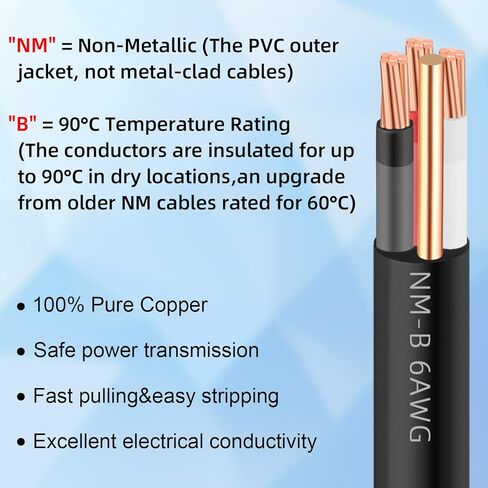 NM-B 6/3 Wire with Ground,35ft 6 AWG Copper Wire,6 Gauge 3 Conductor Nonmetallic Sheathed 6/3 NM-B Cable with Ground,Residential Indoor Electrical Wiring for Branch Circuit Switches,Outlets,Other Load in Saudi Arabia