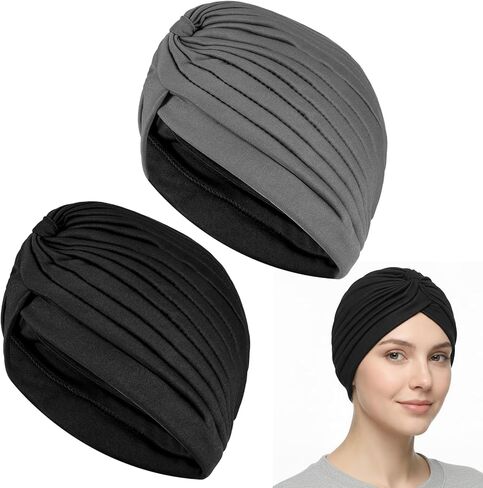 Sibba 2Pcs Chemo Beanie for Women, Elastic Cancer Headwear for Hair Loss, Unisex Soft Knot Hat Versatile Skull Cap for Daily Use Black, Gray in Saudi Arabia