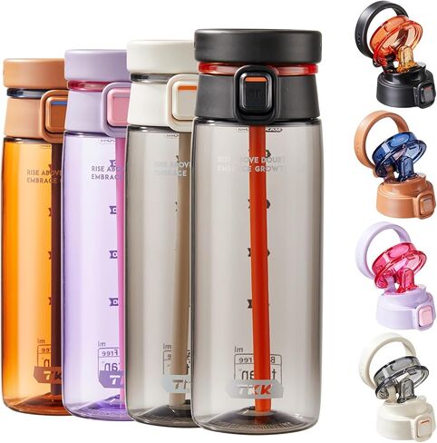 TKK Sports Water Bottle with Straw & Build-in Carrying Handle, Spill-Proof 2-in 1 Lid, 20 oz Plastic Bottles, Dishwasher Safe, Leak-Proof Locking Lid for Kids, Outdoor, School Backpack, Black in Saudi Arabia