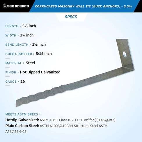ربطة عنق حائط من الطوب المموج من Sandbaggy (1.25 بوصة عرض × 5.5 بوصة طول) - مرساة باك - فولاذ قياس 16 - مقاوم للصدأ (100، 1.25 بوصة × 5.5 بوصة) in Kuwait
