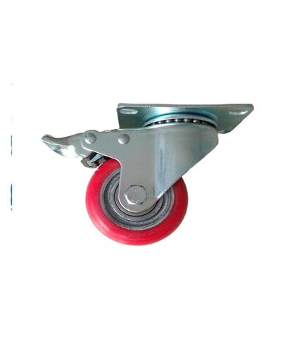 1 piece Caster 3 inches Iron core PU Swivel Wheel with Brake Medium red Round Rubber Coating in Saudi Arabia