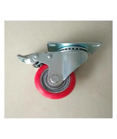 1 piece Caster 3 inches Iron core PU Swivel Wheel with Brake Medium red Round Rubber Coating in Saudi Arabia