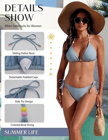UMIPUBO Women's Triangle String Bikini Set Sexy Halter Two Piece Swimsuit Cheeky Cute Tie Bathing Suit with Colored Beads in Saudi Arabia