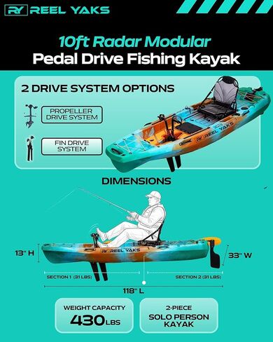 10ft Modular Radar Reel Yaks Fin Drive Fishing Kayak | Super Lightweight, 400lbs Capacity | Easy to Store - Easy to Carry | Beats Inflatables | No roof Racks - no Wall Racks | Adults Youths Kids in Saudi Arabia