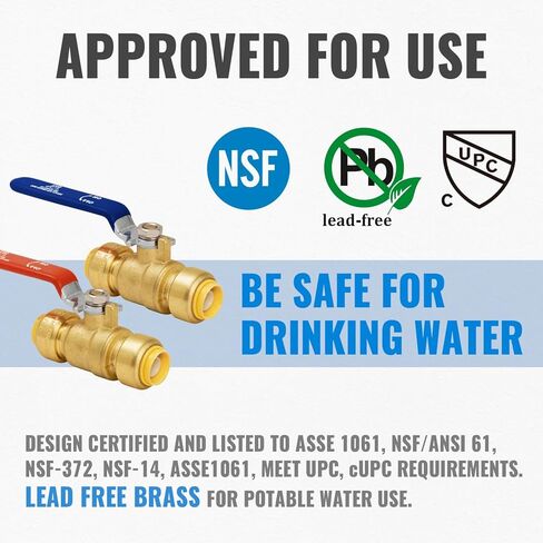 SUNGATOR 1/2 Inch Ball Valve, Push Pex Ball Valve 1/2 Inch for Hot and Cold Water, Full Port 1/4 Turn Shut Off, No Lead Brass Push to Connect PEX Pipe, Copper, CPVC, with 1 Disconnect Clip, Pack of 10 in Saudi Arabia