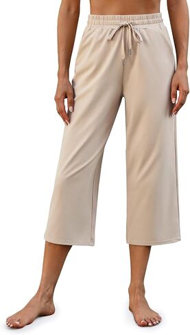 G4Free Women Yoga Pants for Summer Wide Leg Capris with Drawstring Pockets(Light Khaki,XXL,22") in Saudi Arabia