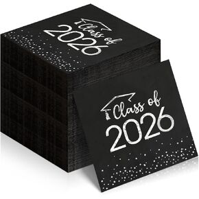 100 قطعة من مناديل التخرج فئة 2026، مناديل كوكتيل ورقية للتهنئة للاستعمال مرة واحدة، مناشف يد مربعة الشكل منقطة من أجل 2026 ديكورات حفلات التخرج من المدرسة والجامعة (أسود وذهبي) in Kuwait
