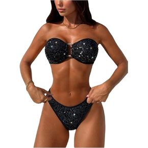 SHENHE Women's Bandeau Bikini Set Sparkly Sequin O Ring Strapless High Cut Swimsuits 2 Piece in Kuwait