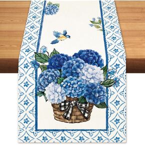 Spring Summer Blue Hydrangea Table Runner Elegant Birds Burlap Table Runners, Basket of Flowers Seasonal Coffee Table Center Decor for Home Kitchen Dining Party Indoor Outdoor 13x72 Inch in Saudi Arabia