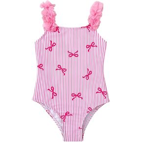 GORGLITTER Girl's Swimsuits Summer Cute Bow Striped Ruffle One Piece Bathing Suits Swimwear Tummy Control Swimsuit in Kuwait