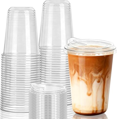 GGOLDMER 25 Set Clear Plastic Cups with Sip Lids, 16oz Disposable Plastic Iced Coffee Cups with Lids, Round Bottom To Go Iced Coffee Cups with Lid for Coffee, Juice, Cold Drinks, Latte in Saudi Arabia