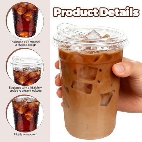 GGOLDMER 25 Set Clear Plastic Cups with Sip Lids, 16oz Disposable Plastic Iced Coffee Cups with Lids, Round Bottom To Go Iced Coffee Cups with Lid for Coffee, Juice, Cold Drinks, Latte in Saudi Arabia