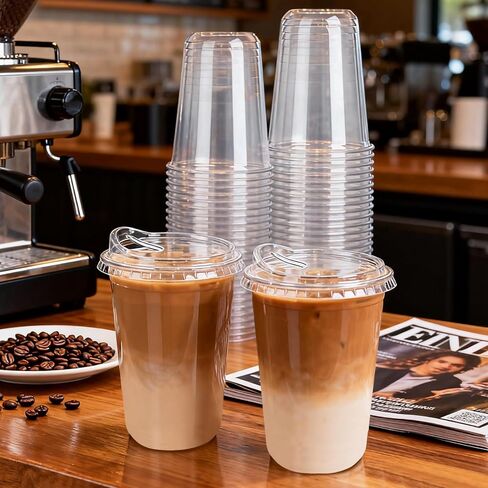 GGOLDMER 25 Set Clear Plastic Cups with Sip Lids, 16oz Disposable Plastic Iced Coffee Cups with Lids, Round Bottom To Go Iced Coffee Cups with Lid for Coffee, Juice, Cold Drinks, Latte in Saudi Arabia