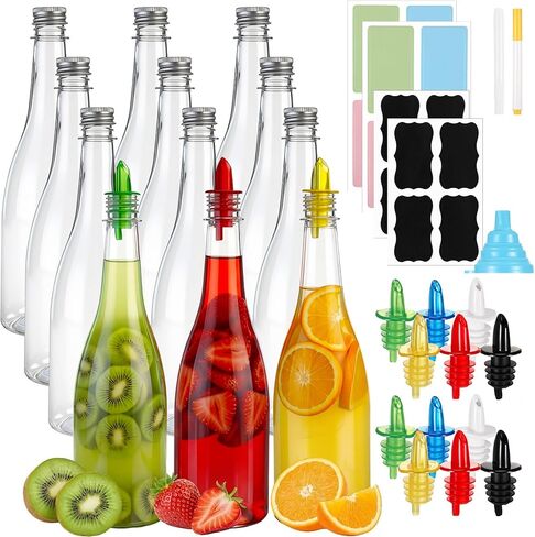 Maxcheck 6 Sets 25 oz Plastic Long Neck Bottles with Rainbow Pourer and Caps Plastic Juice Pour Bottles with Pourer Tapered Spout Syrup Pourers for Liquor Juice Store in Saudi Arabia