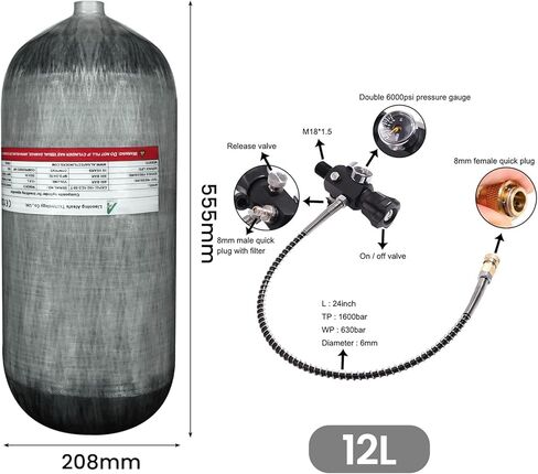 TUXING 12L/732ci Carbon Fiber Paintball HPA Air Tank(Not DOT),4500psi PCP Air System Dual Gauge Valve 24-inches High Pressure Hose with Double Quick Diconnect in Saudi Arabia
