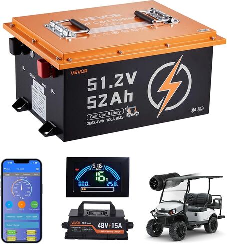 VEVOR 48V (51.2V) 52AH Lithium Golf Cart Battery, with 15A Charger, Lifepo4 Battery Kit, Built-in 100A BMS, with Bluetooth Mobile APP & Display Monitor, 4000 Cycles, for Golf Carts, Trolling Motors in Saudi Arabia