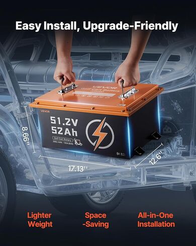 VEVOR 48V (51.2V) 52AH Lithium Golf Cart Battery, with 15A Charger, Lifepo4 Battery Kit, Built-in 100A BMS, with Bluetooth Mobile APP & Display Monitor, 4000 Cycles, for Golf Carts, Trolling Motors in Saudi Arabia