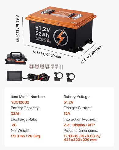 VEVOR 48V (51.2V) 52AH Lithium Golf Cart Battery, with 15A Charger, Lifepo4 Battery Kit, Built-in 100A BMS, with Bluetooth Mobile APP & Display Monitor, 4000 Cycles, for Golf Carts, Trolling Motors in Saudi Arabia
