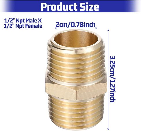 2PCS 1/2 Brass Nipple, 1/2" NPT Male X 1/2" NPT Male Pipe, Hex Brass Pipe, Males to Male Hose Adapter, for Low-Pressure and Medium-Pressure Pipes Connections in Saudi Arabia