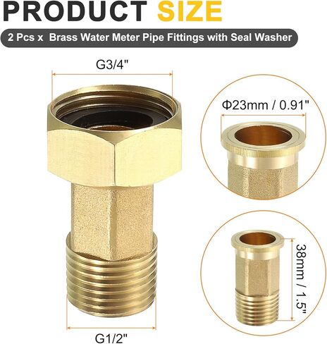 uxcell قطعتان من تركيب أنابيب عداد المياه النحاسية، G1/2" ذكر × G3/4" أنثى موصل حلمة سداسية نحاسية ملولبة مع غسالة سوداء لاستبدال وإصلاح اقتران عداد المياه in Saudi Arabia