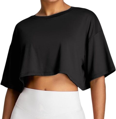 Womens Short Sleeve Loose Fit Workout Oversize Crop Top Yoga Athletic Cropped Basic Tee Running T-Shirts in Saudi Arabia