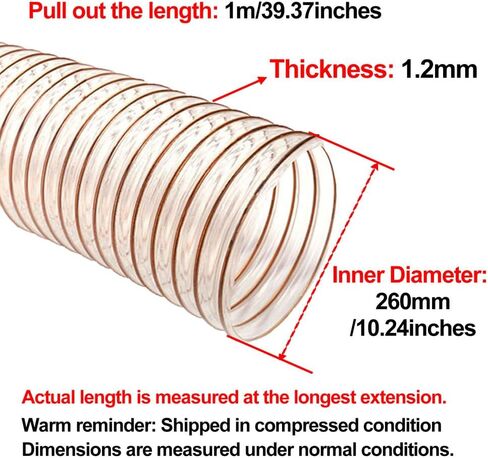 Industrial Air Duct PU Clear Polyurethane Pipe Flexible Ducting Hose 1M Suitable for All Seasons Inner Diameter 260MM Used in Ceramic Workshops,Wall Thickness 1.2mm in Saudi Arabia