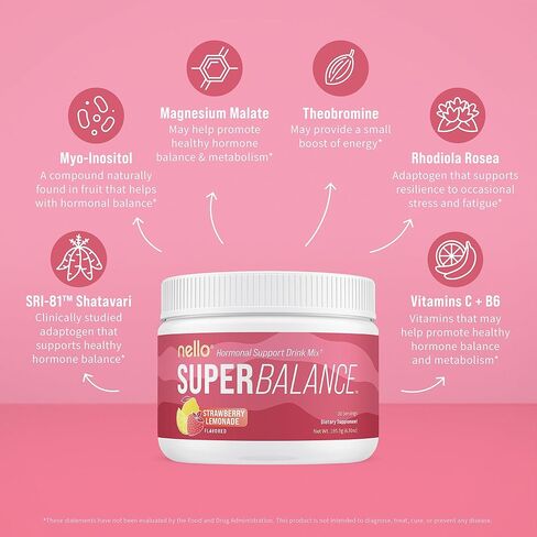Nello Superbalance Hormonal Support Drink Mix, SRI-81 Shatavari, Myo-Inositol, Rhodiola Rosea, Vitamin C, Magnesium, Theobromine (30 Servings, Strawberry Lemonade) in Saudi Arabia