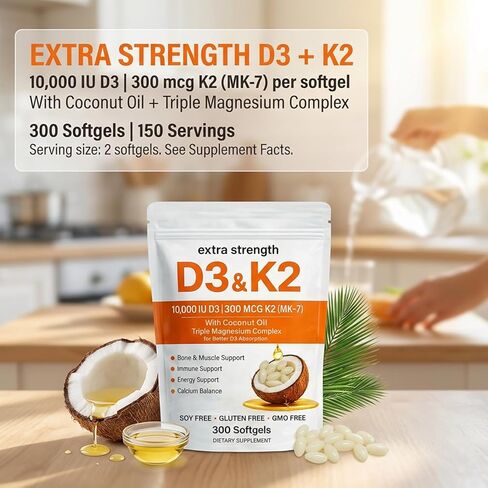 ELVERA Vitamin D3 K2 Magnesium Complex, Extra Strength D3 & K2 with Triple Magnesium Softgels, D3 K2 Vitamin 10000 IU Softgels(1) in Saudi Arabia