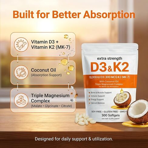 ELVERA Vitamin D3 K2 Magnesium Complex, Extra Strength D3 & K2 with Triple Magnesium Softgels, D3 K2 Vitamin 10000 IU Softgels(1) in Saudi Arabia